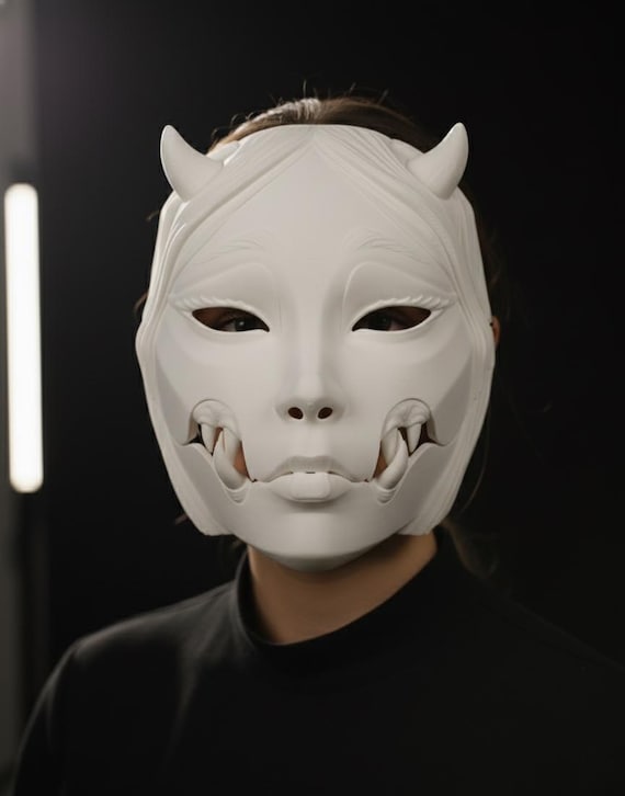 Articulated Kuchisake-onna Mask – Moving Jaw Japanese Oni Demon – J-Horror Cosplay Prop