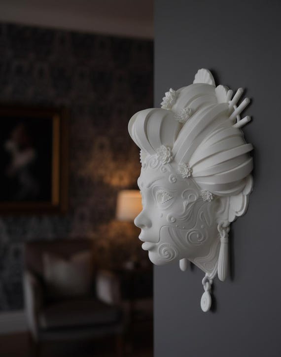 3D Printed Geisha Wall Sculpture, Fantasy Empress Bust, Geek Decor