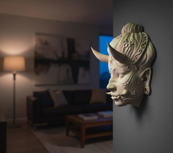 Hannya Girl Wall Art, Japanese Oni Mask Decor, Gothic Wall Sculpture, 3D Printed Statue, Demon Figurine, Unique Home Decor