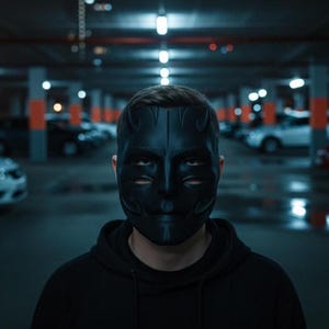 Peut inclure: Un masque noir avec un design de visage stylisé, avec des cornes incurvées et des ouvertures pour les yeux. La personne porte un sweat à capuche noir dans un parking faiblement éclairé. Le masque est le point central.