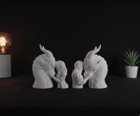 Romantic Dragon & Rider Bust Sculpture | Fantasy Bookshelf Decor | Mythical Creature Statue