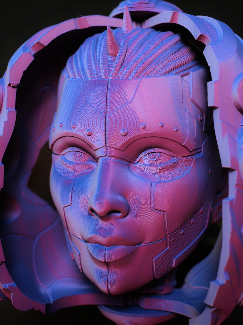 3D Printed Cyberpunk Head Sculpture, Android Face Mask, Desk Stand ...