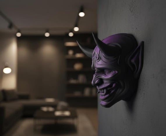 3D Printed Oni Mask Wall Art, Japanese Yokai Demon Sculpture, Gothic Decor