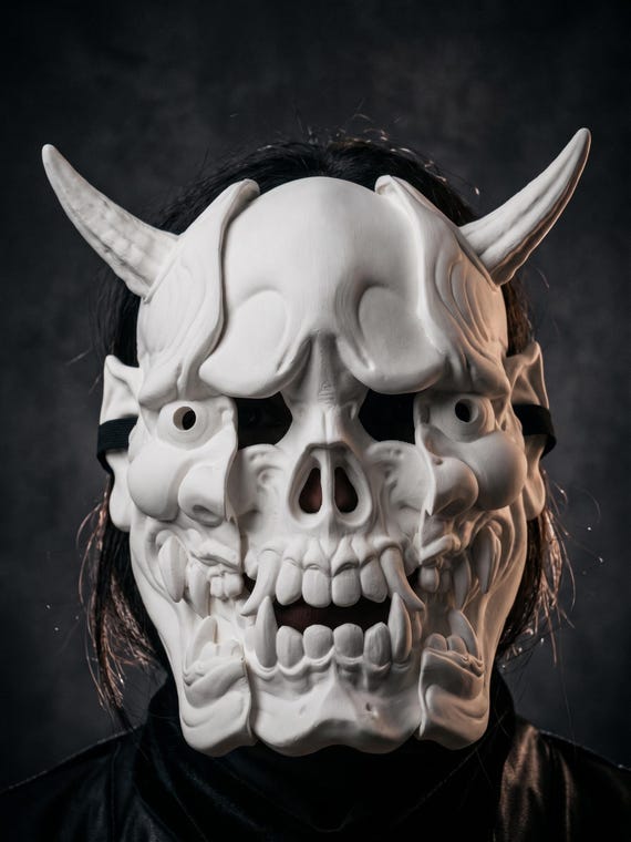 Skull Hannya Mask | Japanese Oni Demon - Samurai Cosplay Accessory - Wearable Skeleton Horns Prop - Yokai Costume