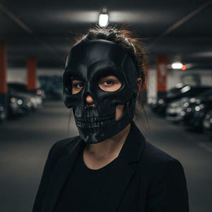May include: A black skull mask with detailed facial features. The mask is worn by a person wearing a black blazer and shirt. The background is a dimly lit car park with cars.