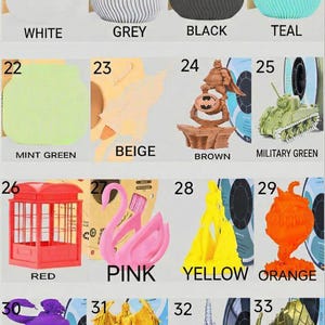 May include: A grid of 3D printed objects labeled 18 through 33, including vases in white, grey, black, and teal, a mint green shape, a beige form, a brown Batman figure, a military green tank, a red phone booth, a pink swan, a yellow figure, an orange creature, a purple snake-wrapped figure, a gold angel, a silver castle, and a bronze animal.