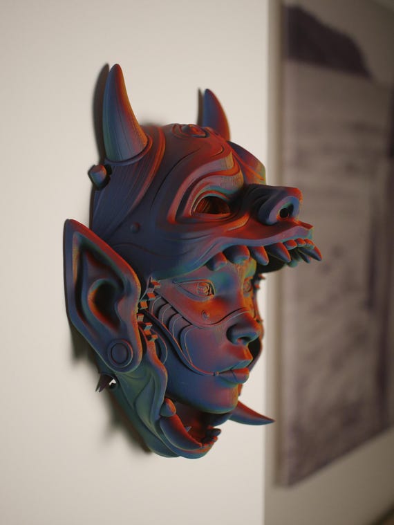 Articulated Oni Mask, Reveals Geisha Face. 3D Printed Japanese Wall Art & Desk Decor with Stand.