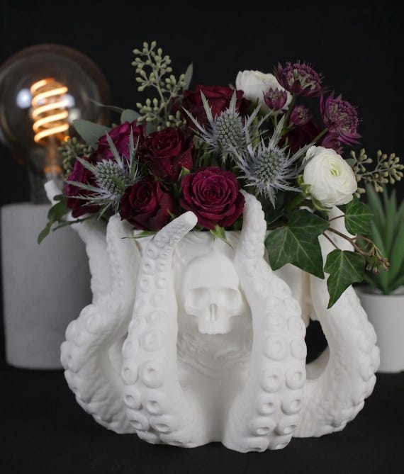 Octopus Skull Planter, Gothic Kraken Tentacle Vase, Macabre Alternative Decor