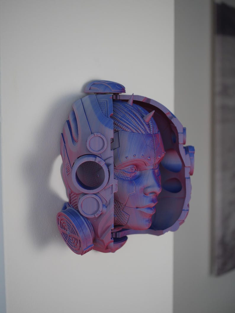 3D Printed Cyberpunk Head Sculpture, Android Face Mask, Desk Stand ...