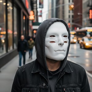 Op de afbeelding: Een wit masker met vier oogopeningen en een glad, gevormd oppervlak, gedragen onder een donkergrijze hoodie en een zwart spijkerjack. Het masker heeft een neutrale uitdrukking met een gedefinieerde neus, jukbeenderen en een subtiele kinlijn.