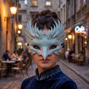 May include: A pale blue, intricate bird-themed mask with layered feather-like details covering the upper face and nose. The mask features a pointed beak-like center and sharp, wing-like extensions at the temples, worn with a dark blue velvet top.