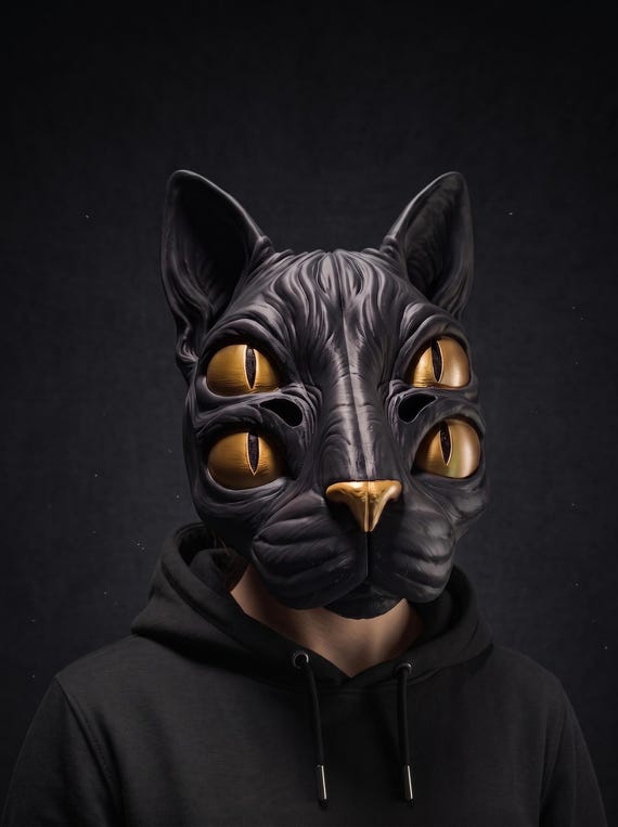 Articulated Nekomata Mask | Four-Eyed Demon Cat Yokai Cosplay Prop