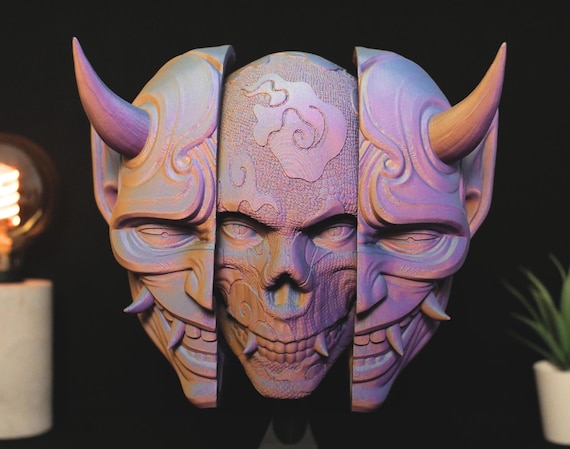 3D Printed Oni Mask: Japanese Samurai Wall Art with Stand