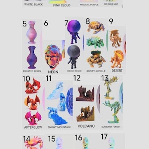 May include: A collection of seventeen numbered 3D printed figurines and objects featuring diverse designs including busts, mushrooms, mountains, vases, skulls, globes, crabs, dragons, polar bears, volcanoes, trees, and articulated creatures in various colors.