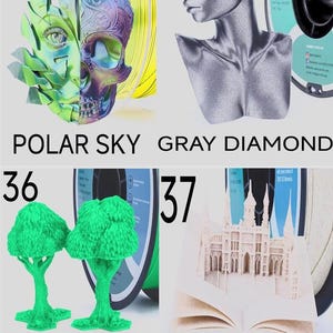 May include: Four 3D printing filament spools with corresponding printed models: 34 Polar Sky shows a split face and skull, 35 Gray Diamond features a glittery bust, 36 Green displays two trees, and 37 Marble depicts an intricate open book structure.