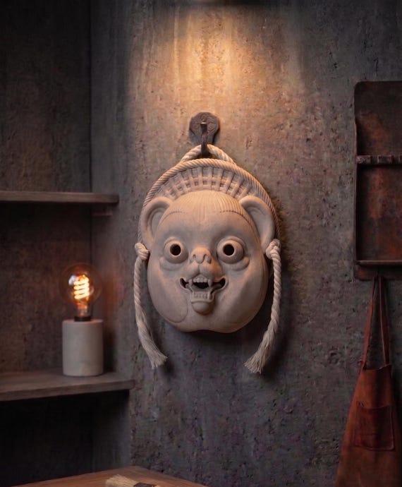 Japanese Tanuki Mask Wall Art - Bake-danuki Yokai Folklore Wall Decor & Sculpture