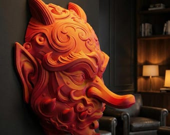 Japanese Tengu Mask: 3D Printed Oni Demon, Wall & Desk Art