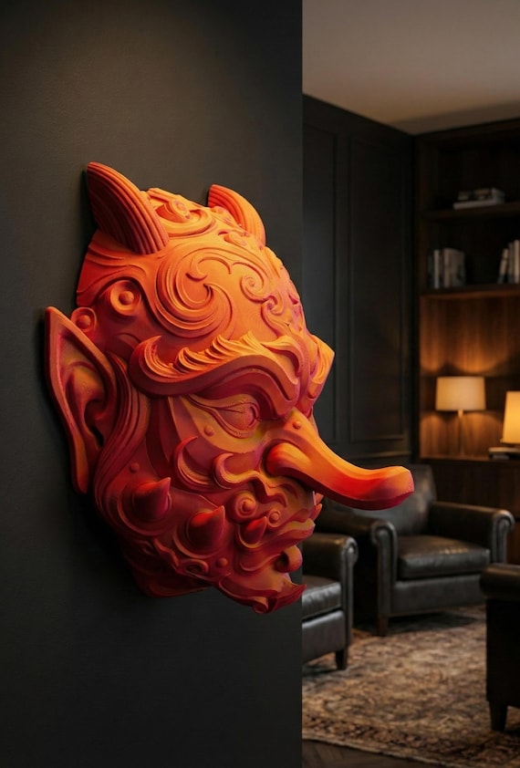 Japanese Tengu Mask: 3D Printed Oni Demon, Wall & Desk Art