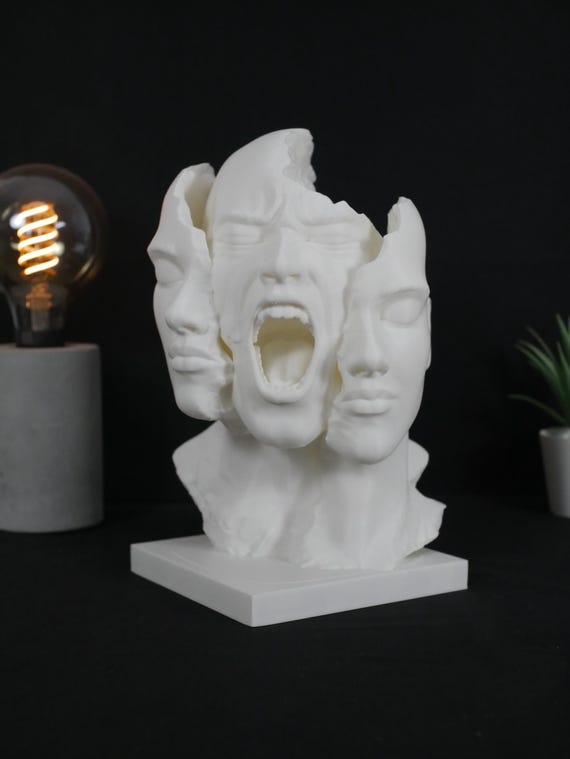 Abstract Split Face Sculpture | Expressive Screaming Head Bust | Modern Bookshelf Decor (Black/White)