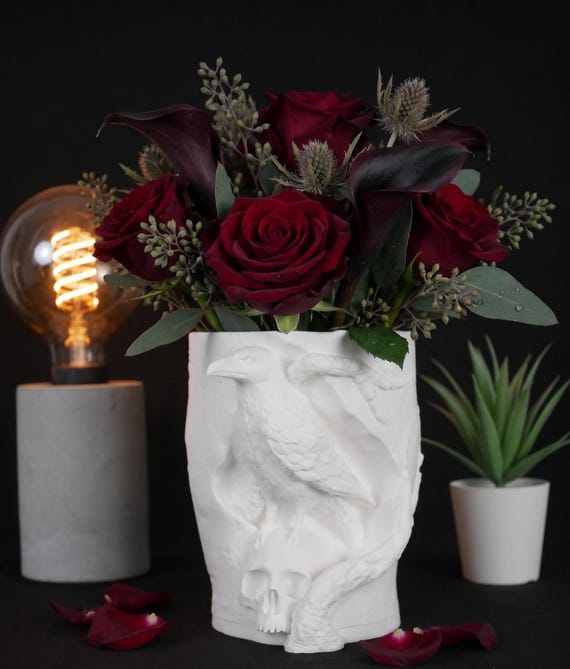 White Gothic Raven and Skull Vase - 3D Relief Crow Planter | Dark Academia Decor