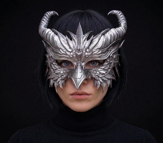 Elegant Dragon Mask with Horns, Silver Fantasy Masquerade Mask, Gothic Dragon Headpiece, Mythical Creature Cosplay, Choice of 30+ Colors