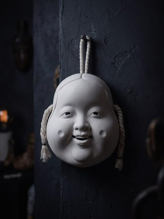 Japanese Okame Mask Wall Art, Otafuku Smiling Face Sculpture, 3D Printed Folk Decor