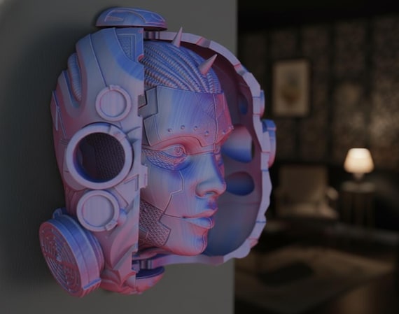 3D Printed Cyberpunk Head Sculpture, Android Face Mask, Desk Stand Included