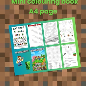 Könnte beinhalten: Ein farbenfrohes Mini-Malbuch im A4-Format mit Aktivitäten zum Thema Minecraft. Das Buch enthält Wortsuchrätsel, Kreuzworträtsel und Wortsuchspiele. Das Cover zeigt den Text "Mini Activity Book" mit Minecraft-Charakteren und -Bildern.