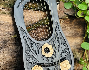Black Lyre Harp Rosewood Golden Flower Design 10 Metal Strings Lyre Harps With Free Strings, Tuning Key & Bag