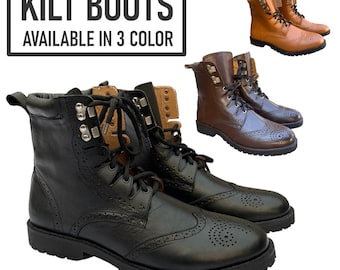 Kilt Boots For Men - Leather Ghillie Brogues Boots Traditional Rubber Sole Scottish Kilt Boots -  in 3 Colors and Different Sizes