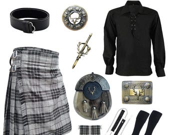 Abbigliamento casual, completo kilt scozzese vintage in tartan, camicia Jacobite, kilt da uomo disponibile in oltre 50 colori tartan.