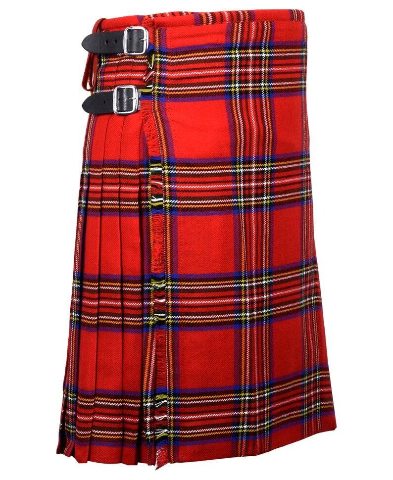 May include: A red tartan kilt with a traditional plaid pattern. The kilt features black leather straps with silver buckles and a fringed edge. The fabric is a vibrant red with blue, yellow, and white stripes.