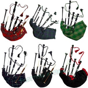 May include: Six different sets of bagpipes with various coloured tartan bags. Each set includes a chanter, a drone, and a blowpipe. The bagpipes are made of wood and metal.