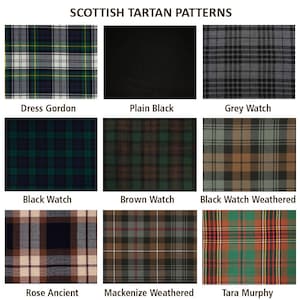 May include: A grid of nine Scottish tartan patterns. The top row features Dress Gordon, Plain Black, and Grey Watch. The middle row shows Black Watch, Brown Watch, and Black Watch Weathered. The bottom row displays Rose Ancient, Mackenize Weathered, and Tara Murphy.
