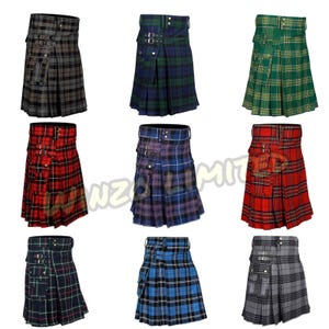 Könnte beinhalten: Eine Kollektion von neun Utility-Kilts in verschiedenen Schottenmustern, darunter Grau, Grün, Rot, Blau und Violett. Jeder Kilt verfügt über ein plissiertes Design, seitliche Cargotaschen und verstellbare Metallschnallen an der Taille. Der Text Winzo Limited ist sichtbar.
