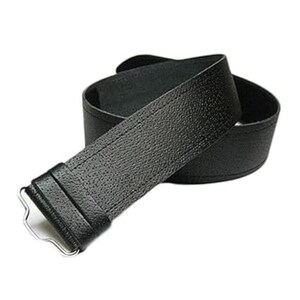 May include: A black belt with a textured surface and a silver-colored buckle. The belt is rolled up, showing the full length and design. The buckle is a simple, classic design.