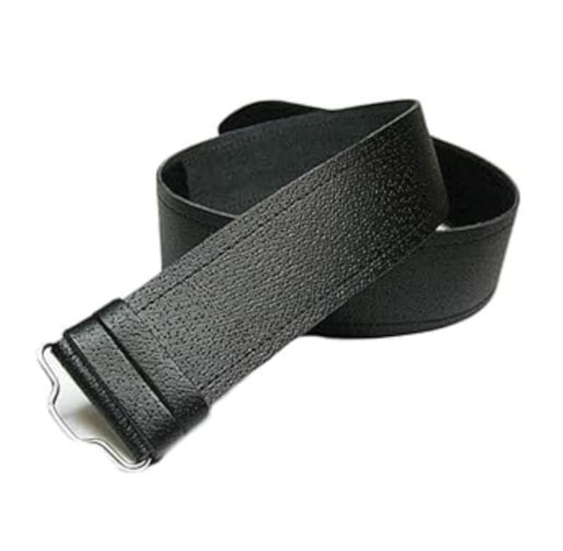 May include: A black belt with a textured surface and a silver-colored buckle. The belt is rolled up, showing the full length and design. The buckle is a simple, classic design.
