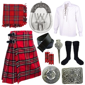May include: A collection of Scottish Highland attire, including a red and black plaid kilt with buckles, a white shirt, a sporran, a black belt, and other accessories. The kilt features a traditional tartan pattern.