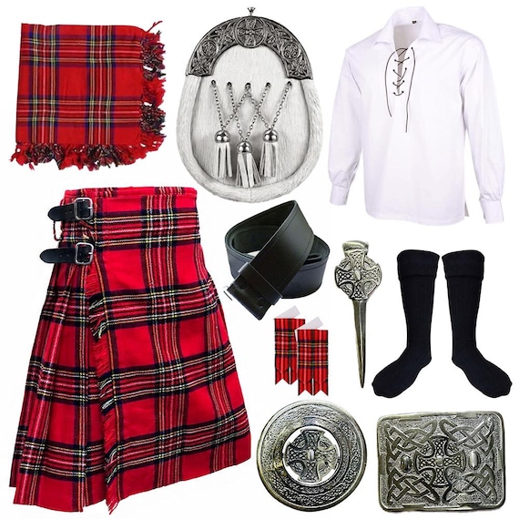 Men's Scottish Outfit 10 Pcs Highland Tartan Kilt Set Celtic Cross Vintage Festivals Scottish Outfit Available in 50+ Tartans
