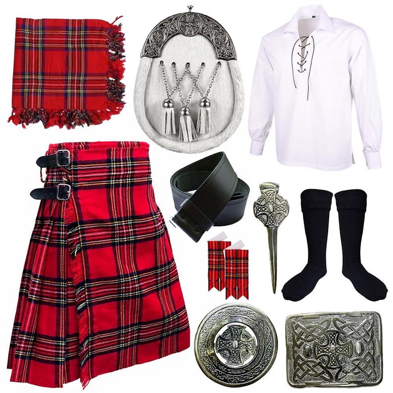 May include: A collection of Scottish Highland attire, including a red and black plaid kilt with buckles, a white shirt, a sporran, a black belt, and other accessories. The kilt features a traditional tartan pattern.