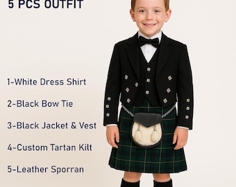 Kids 5-Piece Kilt Outfit: Prince Charlie Jacket, Tartan Kilt, Scottish Costume