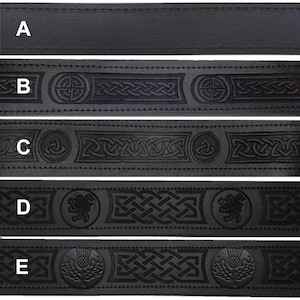 May include: A collection of black leather belts with various embossed Celtic knot designs. The belts feature different patterns, including a plain belt, a belt with a Celtic knot, a belt with a lion, and a belt with a thistle.