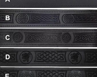 Cinturón de cuero negro para kilt, diseño celta liso y en relieve, ajustable de 5,7 cm de ancho, accesorios para kilt, tallas S a 3XL.