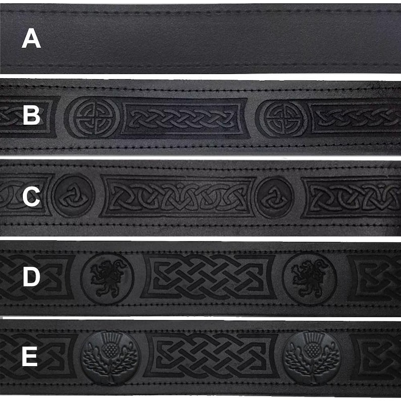 May include: A collection of black leather belts with various embossed Celtic knot designs. The belts feature different patterns, including a plain belt, a belt with a Celtic knot, a belt with a lion, and a belt with a thistle.