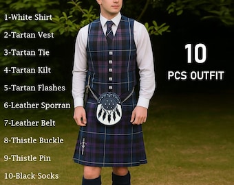 Scottish Kilt Outfit | Complete Highland Dress Set | Wedding Kilt Outfit | Men’s Tartan Vest, Tie, Sporran, Belt, Socks