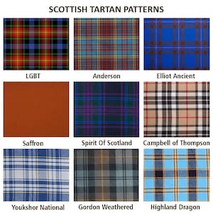 May include: Image showcasing nine different Scottish tartan patterns. The patterns include LGBT, Anderson, Elliot Ancient, Saffron, Spirit of Scotland, Campbell of Thompson, Youkshor National, Gordon Weathered, and Highland Dragon.
