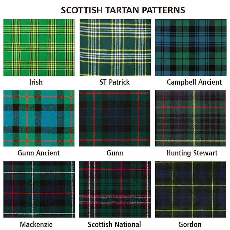 May include: Nine different Scottish tartan patterns are displayed, each with a unique color scheme and name. The patterns include Irish, St Patrick, Campbell Ancient, Gunn Ancient, Gunn, Hunting Stewart, Mackenzie, Scottish National, and Gordon.