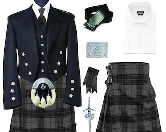 Black Prince Charlie Jacket Kilt Outfit Scottish Vintage 10pcs Wedding Kilt Set Available in 50+ Tartan Colors