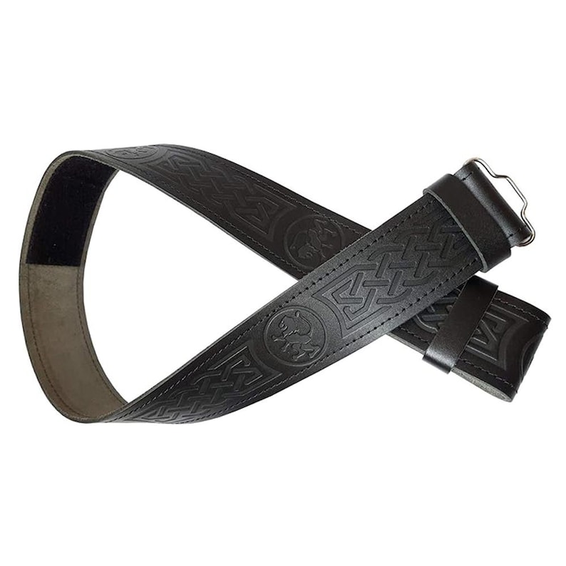 May include: Black leather belt with embossed Celtic knot and animal designs. The belt features a hook-and-loop closure and a metal buckle. The intricate patterns and dark color give it a classic, yet unique look. This belt is suitable for various outfits.