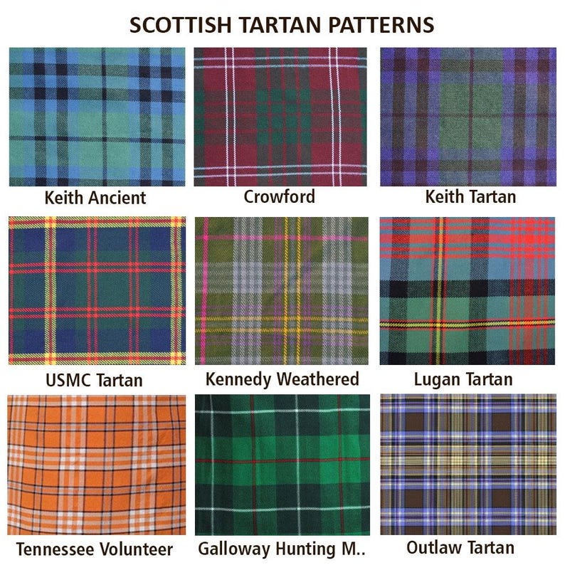 May include: Nine different Scottish tartan patterns are displayed, each with a unique color scheme and name. The patterns include Keith Ancient, Crawford, Keith Tartan, USMC Tartan, Kennedy Weathered, Lugan Tartan, Tennessee Volunteer, Galloway Hunting M., and Outlaw Tartan.